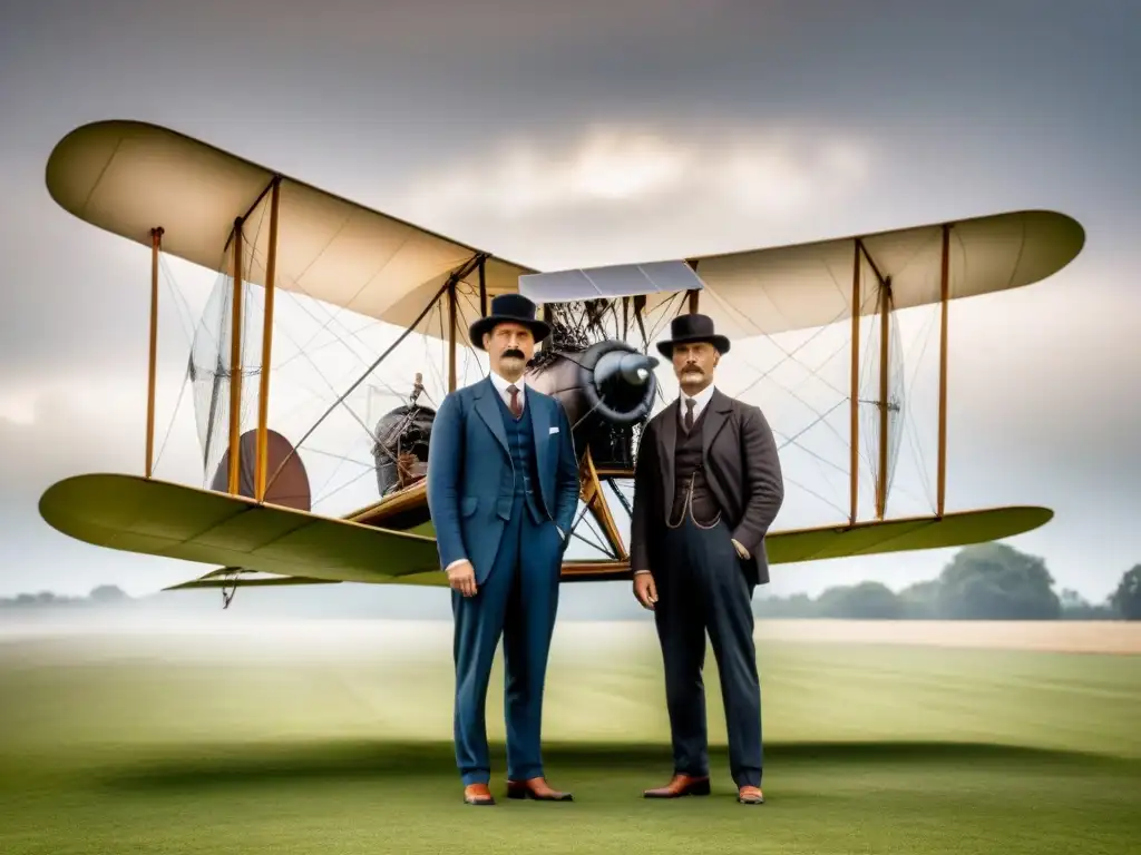 Los hermanos Wright junto al Wright Flyer, evocando la historia del apellido Wright en la aviación del siglo XX