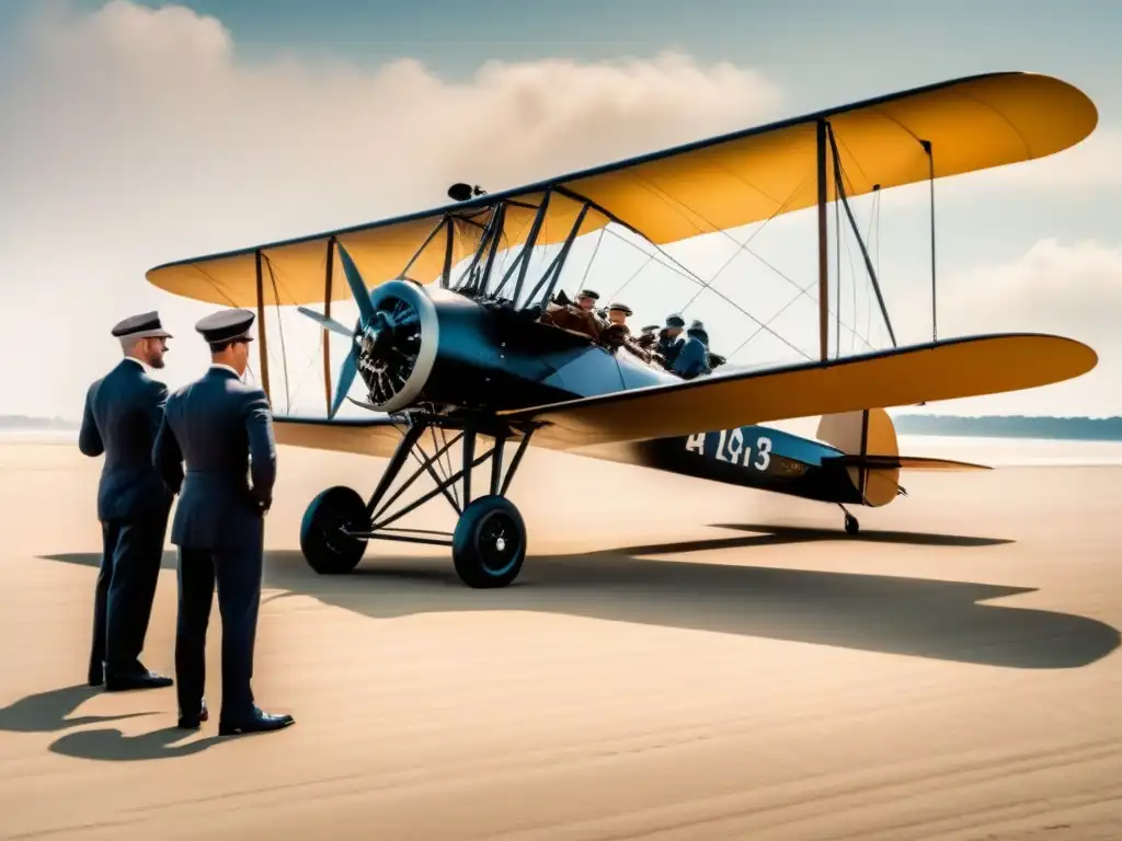 Los hermanos Wright examinan su máquina voladora en Kitty Hawk, mientras espectadores observan con emoción y asombro