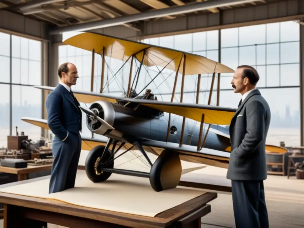 Los hermanos Wright trabajan en su taller rodeados de planos y máquinas voladoras, reflejando la historia del apellido Wright aviones