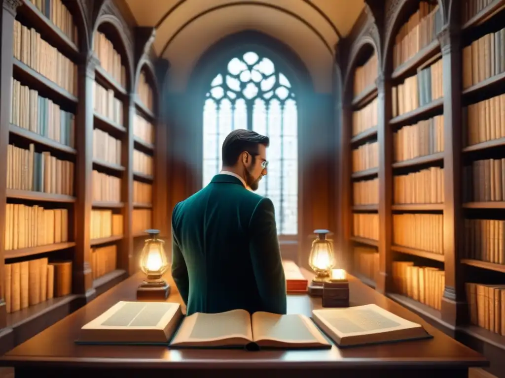 Hermosa biblioteca antigua con libros, pergaminos y mapas genealógicos