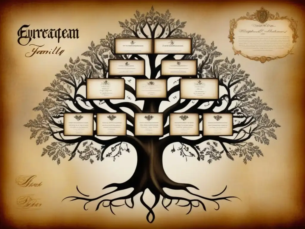 Una hermosa genealogía europea detallada con antepasados entrelazados en un árbol familiar vintage sobre un antiguo mapa de Europa