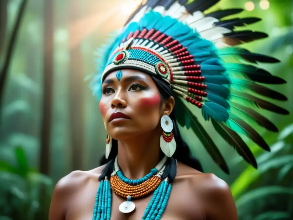 Hermosa heráldica en rituales indígenas: un tocado ceremonial con plumas y abalorios en la exuberante selva