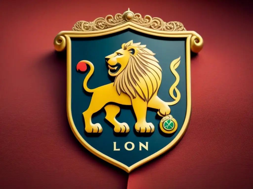 Hermoso escudo de familia vintage con león central rodeado de patrones intrincados, evocando la historia y evolución del apellido León