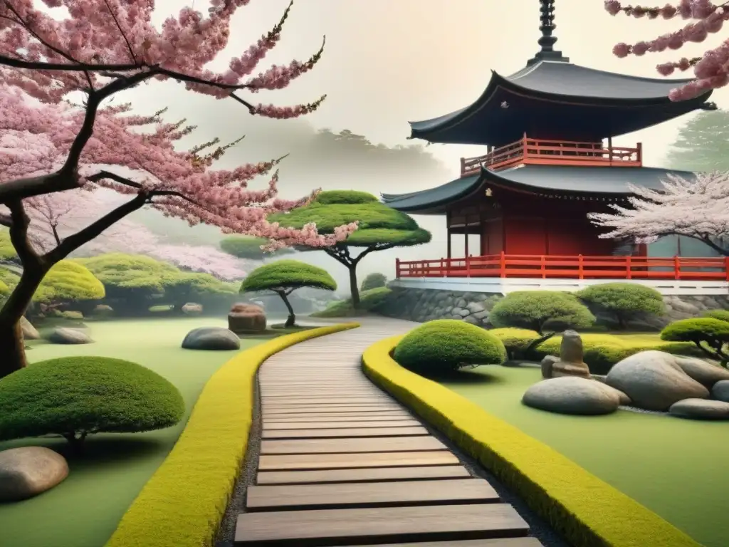 Hermoso jardín japonés con pagoda y cerezos en flor