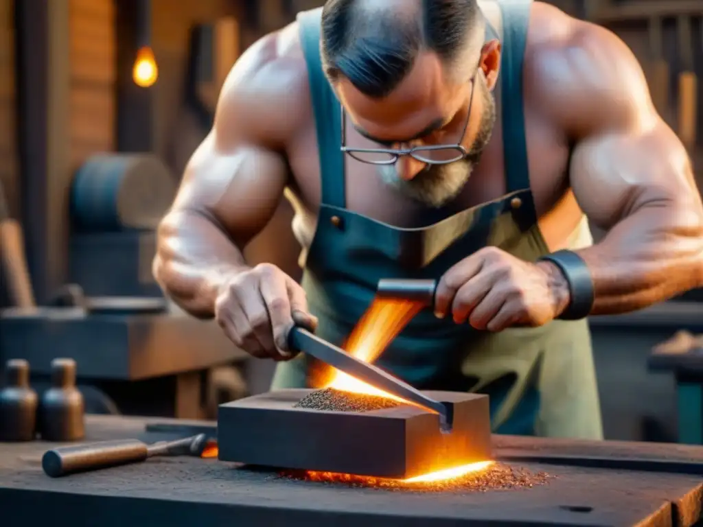 Un herrero trabaja con dedicación en su taller, moldeando metal caliente y rodeado de herramientas