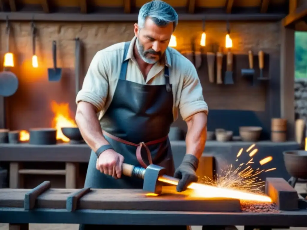 Un herrero medieval forjando hierro en su taller, creando una atmósfera histórica y rústica