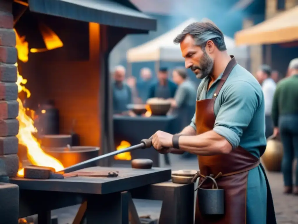 Un herrero medieval forja metal en un bullicioso mercado, rodeado de herramientas y curiosos