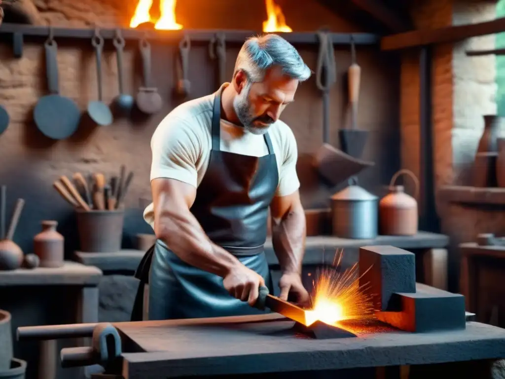 Un herrero medieval forja metal al rojo vivo en su taller, rodeado de herramientas y humo