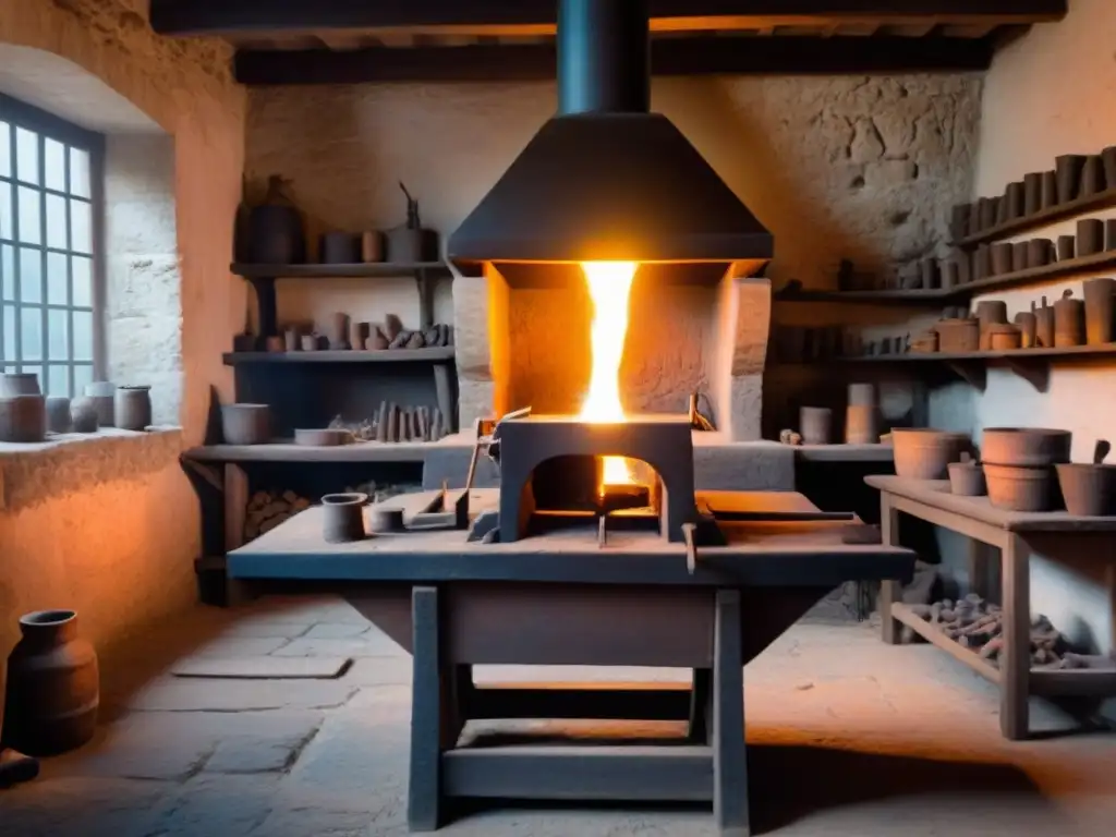 Un herrero del siglo XVIII forja metal caliente en su taller antiguo, iluminado por velas