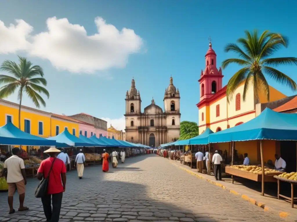 Vivid historia del apellido Holguín: bullicioso mercado colonial bajo catedral imponente y palmeras en ciudad antigua