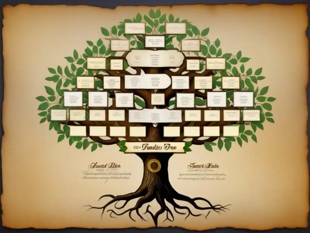 Historia del apellido Ibáñez plasmada en un detallado árbol genealógico dibujado a mano con caligrafía delicada y ornamentos vintage