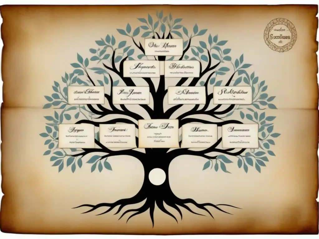 Historia del apellido Cervantes plasmada en un árbol genealógico detallado en pergamino envejecido, con caligrafía y motivos florales