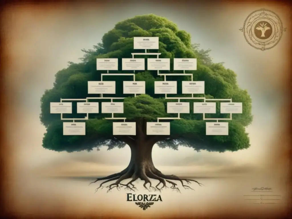 Historia del apellido Elorza representada en un árbol genealógico detallado con símbolos griegos, escudos medievales y fotos familiares modernas