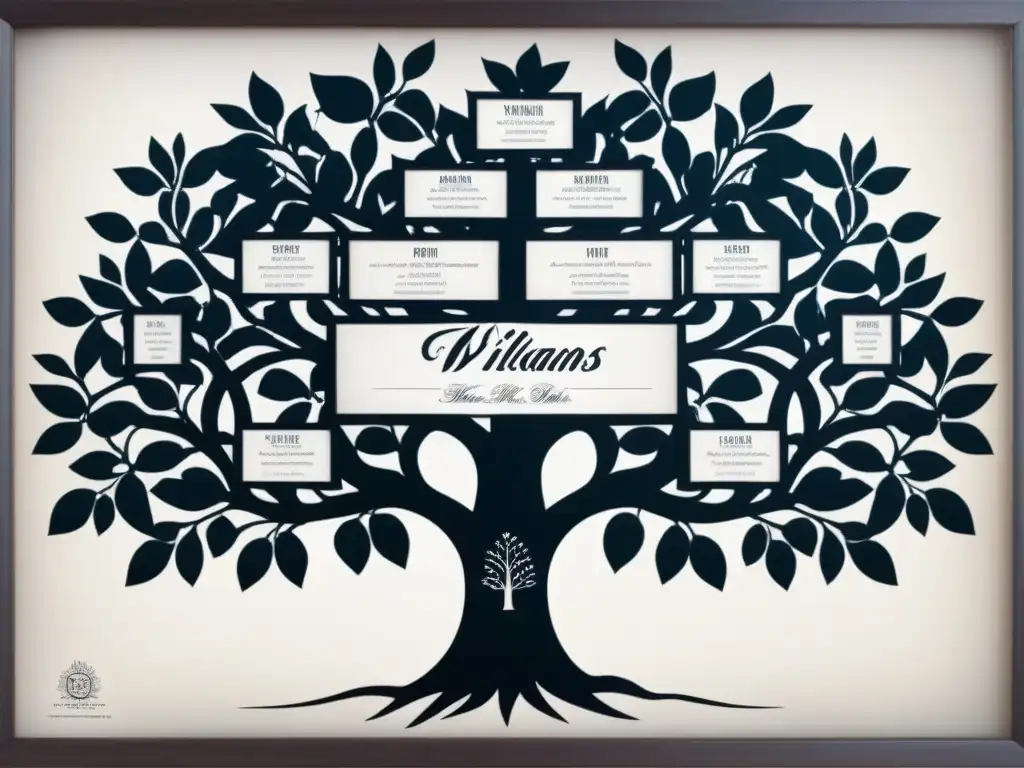 Historia del apellido Williams representada en un detallado árbol genealógico vintage en blanco y negro, con caligrafía y motivos florales