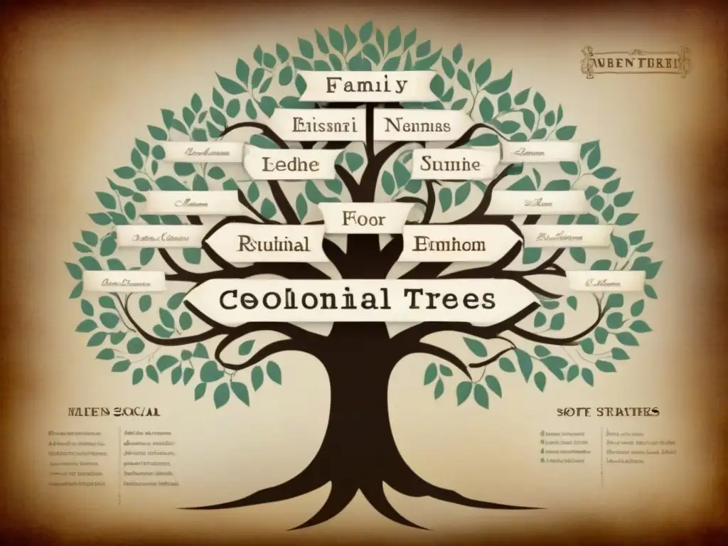 Historia de apellidos: árbol genealógico colonial con evolución de linajes y clases sociales en papel vintage