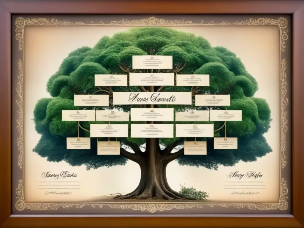 Descubre la historia de apellidos en un detallado árbol genealógico vintage con caligrafía y fotografías antiguas en tonos sepia