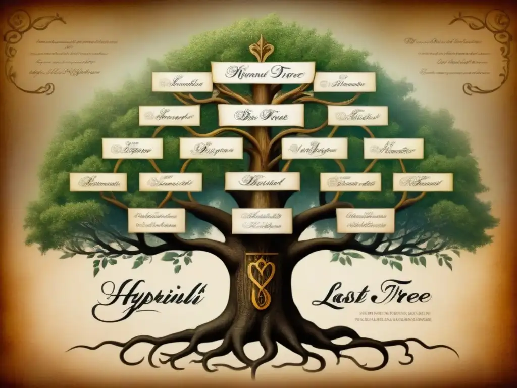 Historia de apellidos y genealogía: Detallado árbol genealógico vintage con nombres entrelazados en caligrafía elegante