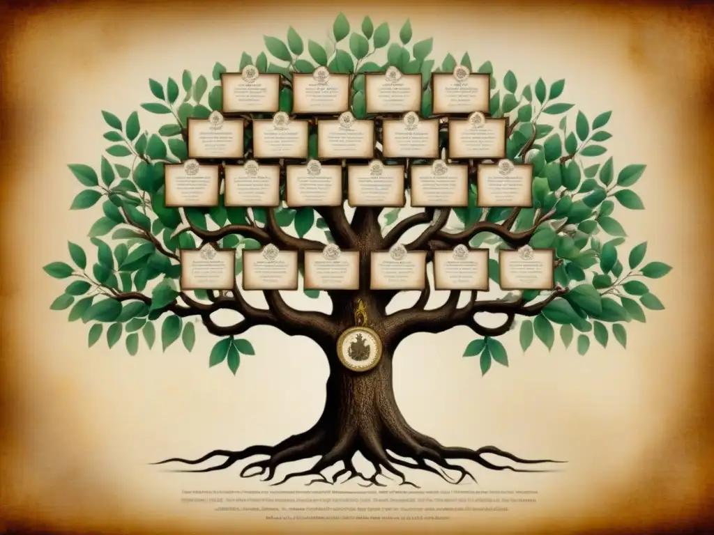 Árbol genealógico antiguo detallado: legado de familia Una historia de apellidos y genealogía plasmada en un detallado árbol genealógico antiguo dibujado a mano en pergamino