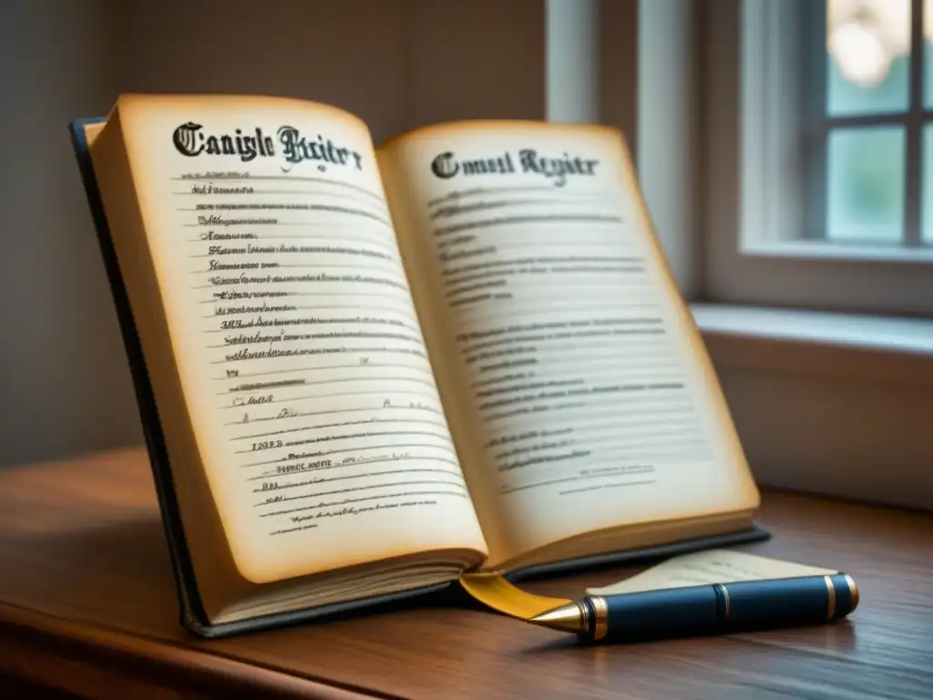 Registro parroquial vintage: legado ancestral en delicada escritura Descubre la historia en apellidos genealogía registros: libro parroquial vintage abierto en mesa de madera