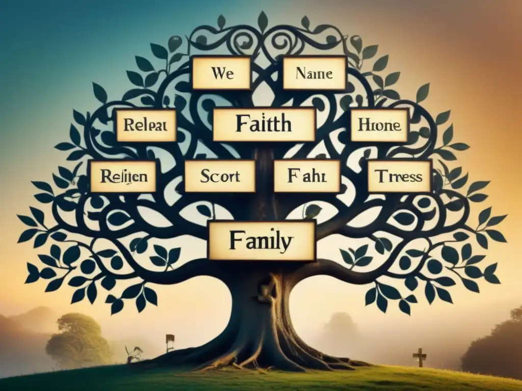 Árbol genealógico religioso: símbolos y apellidos históricos La historia apellidos genealogía religiosa cobra vida en un árbol genealógico majestuoso con símbolos religiosos y apellidos históricos entrelazados