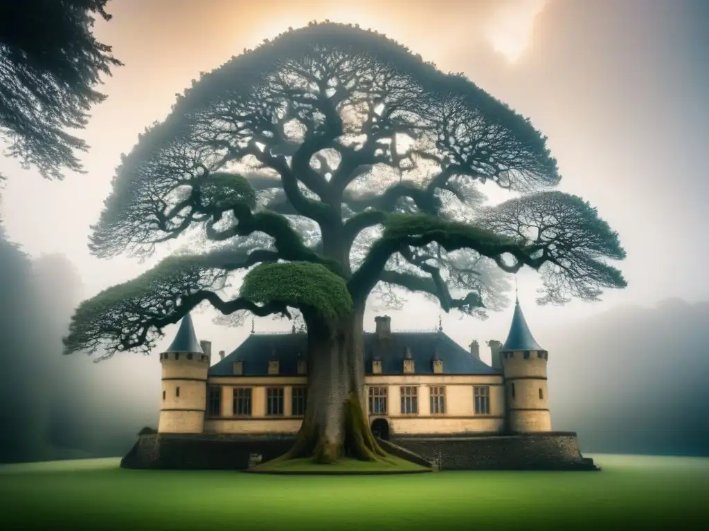 Historia de apellidos nobiliarios: un árbol genealógico vintage revela la nobleza de generaciones en un castillo antiguo iluminado