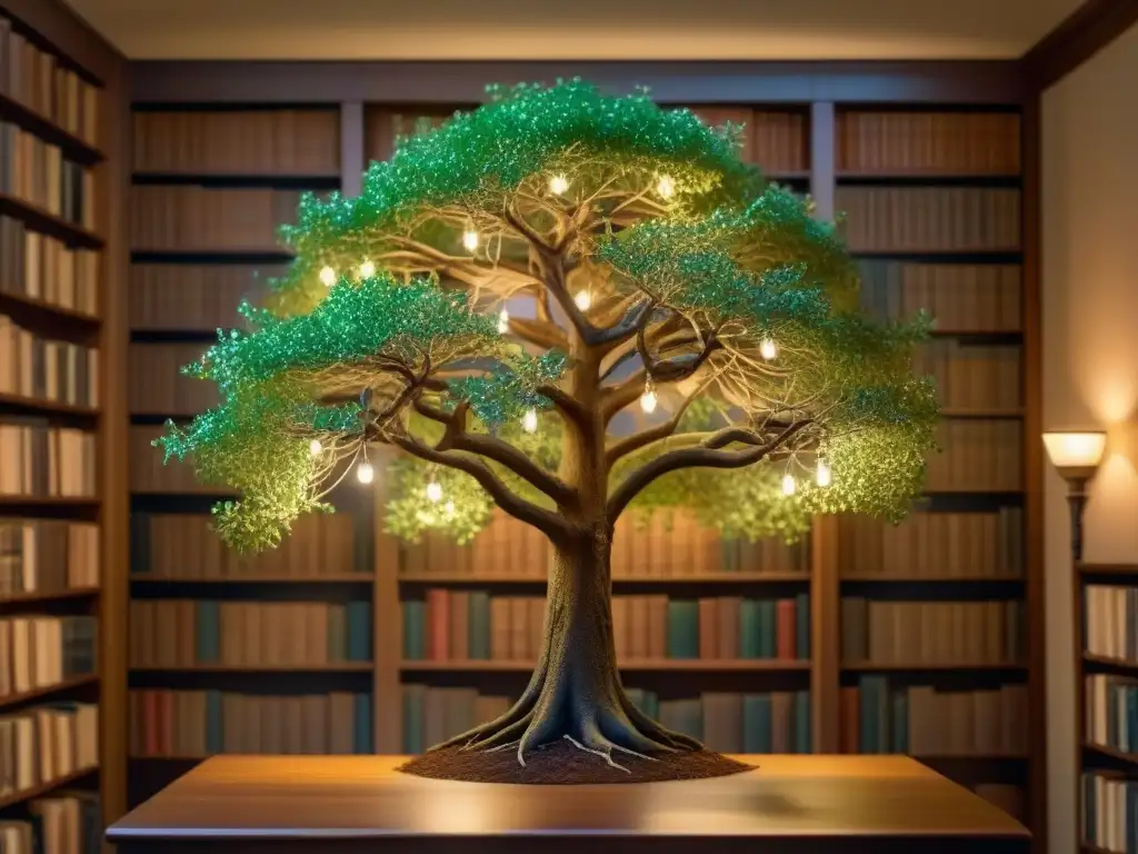 Descubriendo la historia familiar genealogía: Un árbol genealógico antiguo en una biblioteca acogedora y tenue