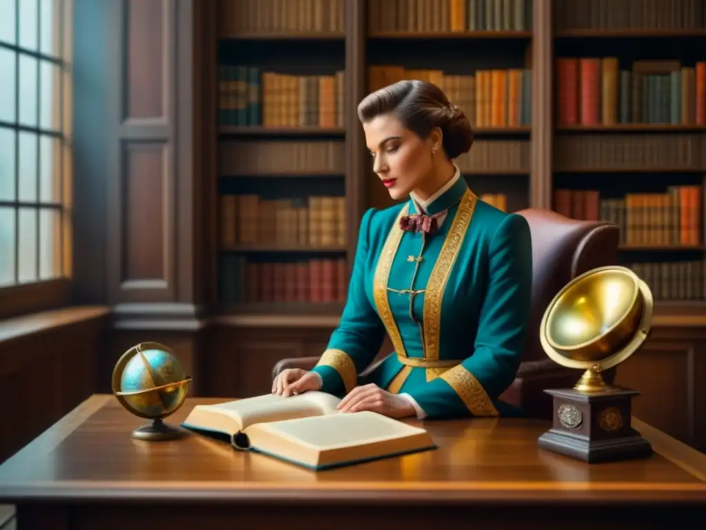 Explorando historia familiar en archivos de la biblioteca antigua con libros polvorientos y objetos históricos, iluminada por la luz del sol