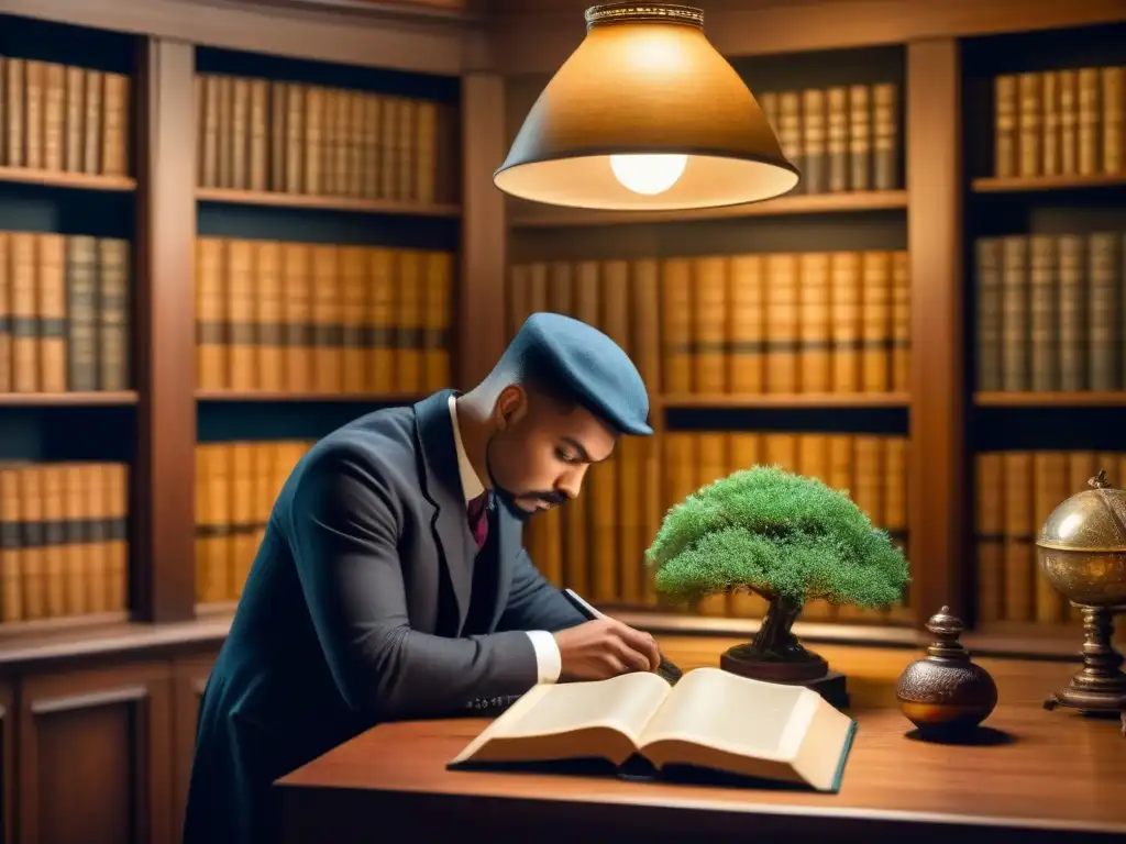 Explorando historia familiar en archivos: Persona examina árbol genealógico en biblioteca vintage iluminada por lámpara antigua