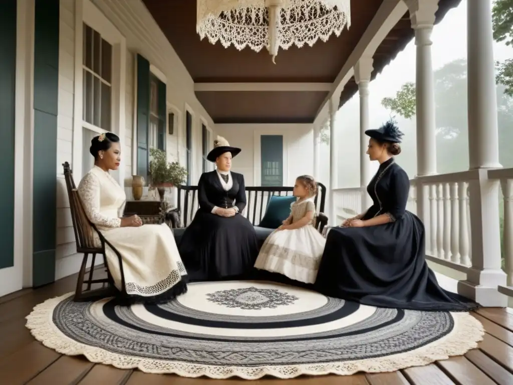 Descubriendo historia familiar en fotografías antiguas de un encuentro generacional en el porche de una casa antigua