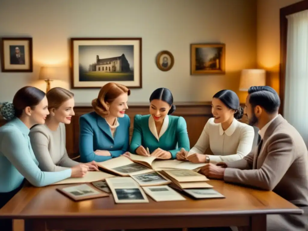 Descubriendo historia familiar en fotografías antiguas: familia examina álbumes en acogedor salón vintage