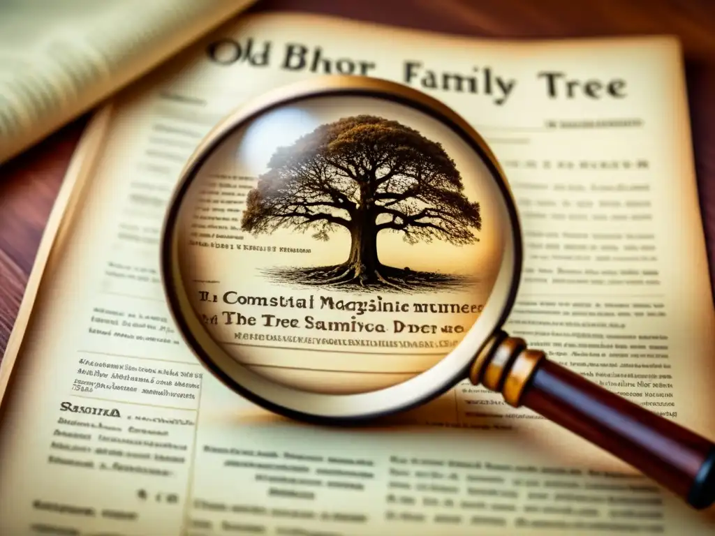 Explorando el árbol genealógico: ilustración vintage detallada Investigando la historia familiar con una lupa sobre un árbol genealógico antiguo