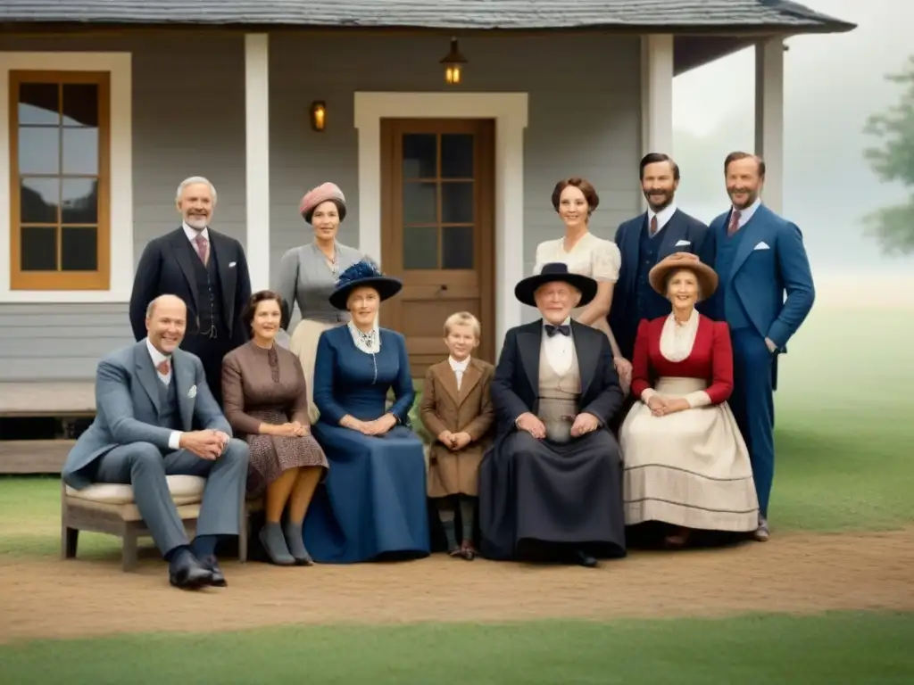 Descubriendo la historia familiar genealogía: Multigeneracional familia posa frente a casa rural, vestida vintage, niños juegan