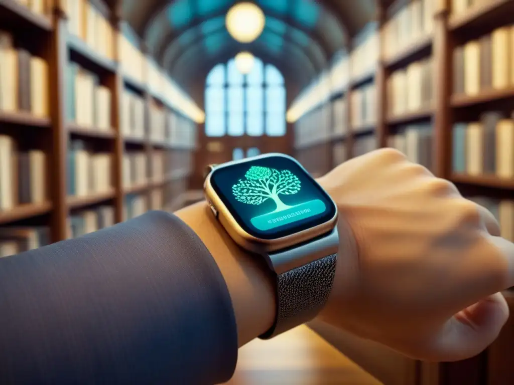 Explora tu historia familiar con tecnología wearable para genealogía en una biblioteca antigua y tecnológica