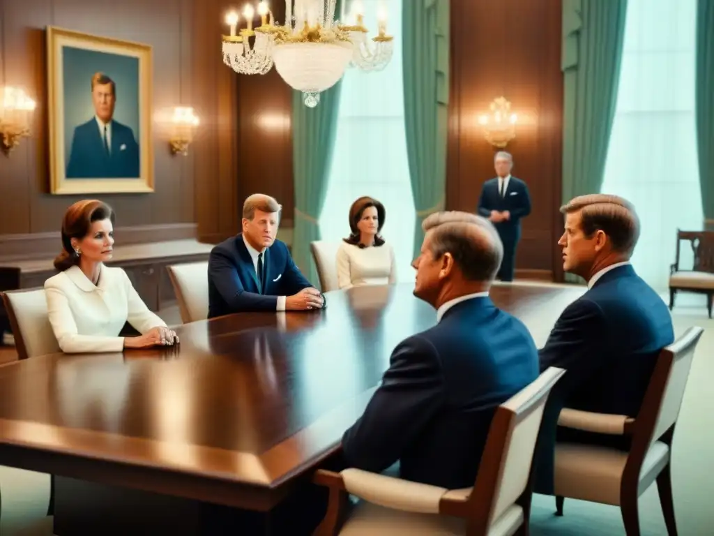 Reunión histórica de la familia Kennedy en elegante sala, representando el linaje político