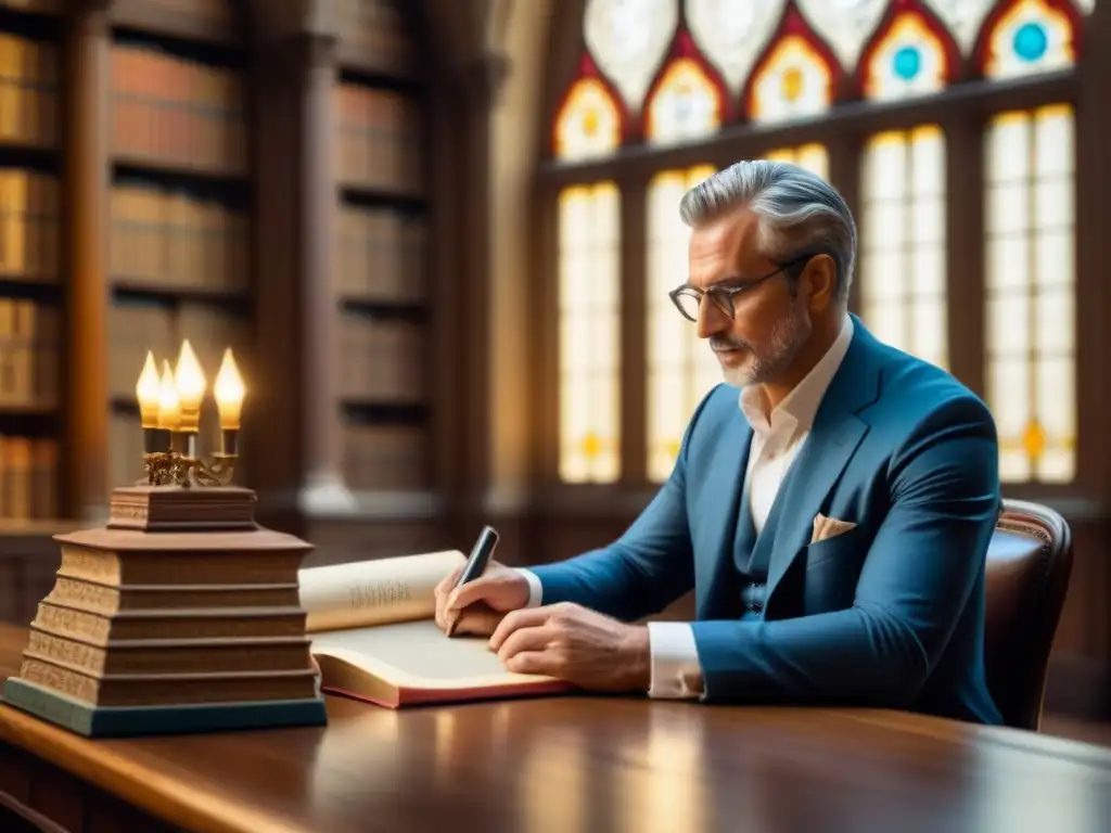 Un hombre de la familia Espoz estudia el árbol genealógico en una biblioteca antigua