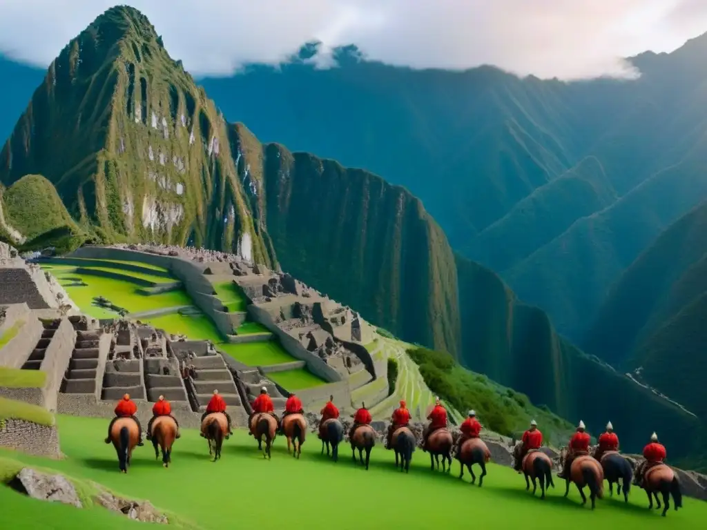 Épica expedición de Pizarro en los Andes Francisco Pizarro liderando a sus hombres en los Andes con Machu Picchu al fondo, reflejando el origen y legado de los Pizarro