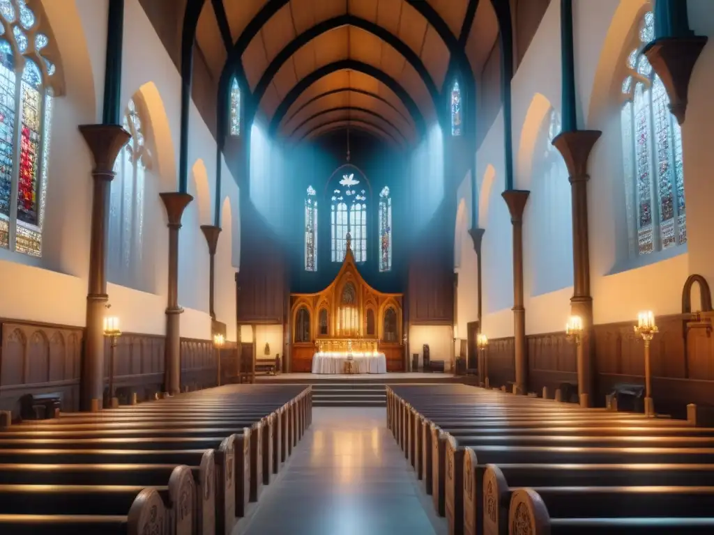 Una iglesia histórica llena de detalles, con vitrales, arcos altos y luz de velas