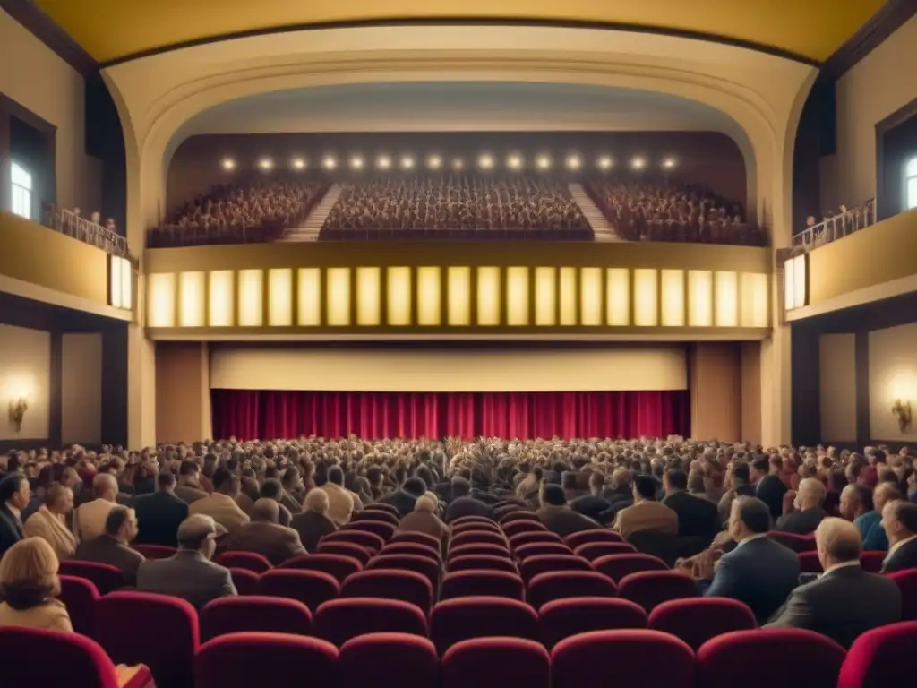 Una ilustración vintage de un bullicioso teatro del siglo XX, con personas elegantes entrando a un majestuoso salón