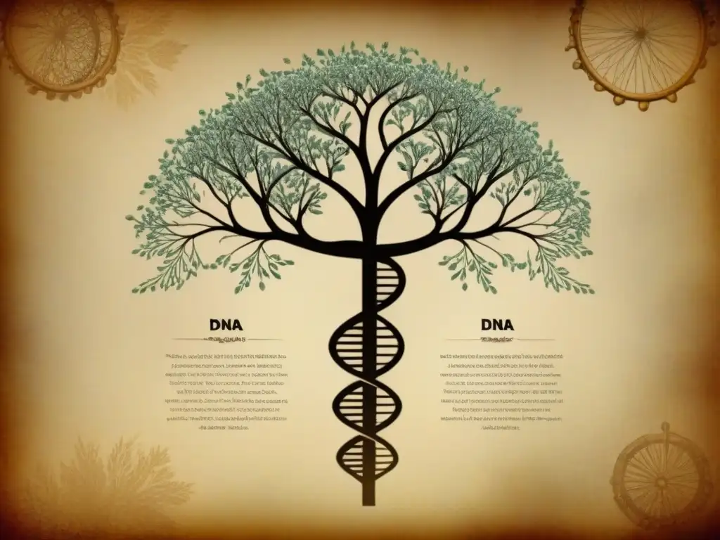 Una ilustración detallada de un ADN enlazado con un árbol genealógico, en tonos sepia, evocando conexión ancestral y científica