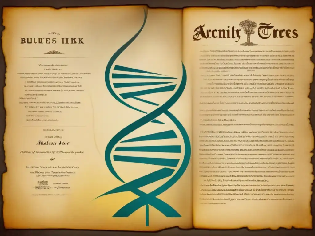 Una ilustración detallada de un ADN entrelazado con documentos históricos como árboles genealógicos antiguos, mapas y pergaminos