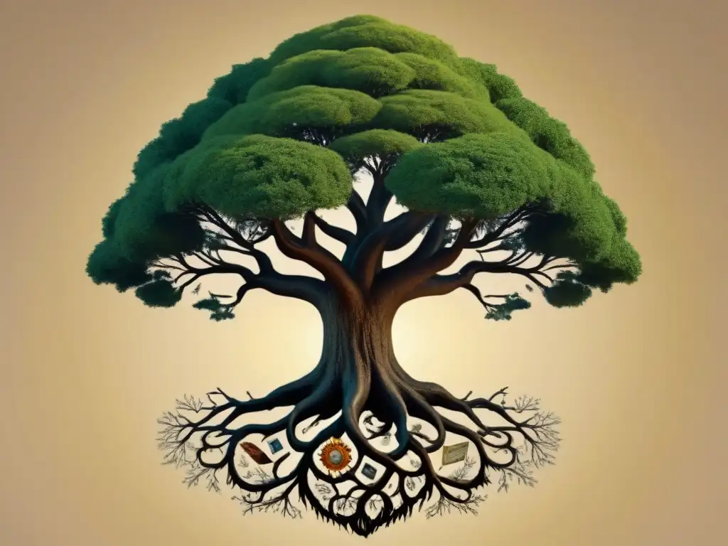 Una ilustración detallada de un antiguo árbol con raíces entrelazadas con documentos históricos y escudos familiares, simbolizando las conexiones intrincadas y legados inesperados de la historia de apellidos Castaño