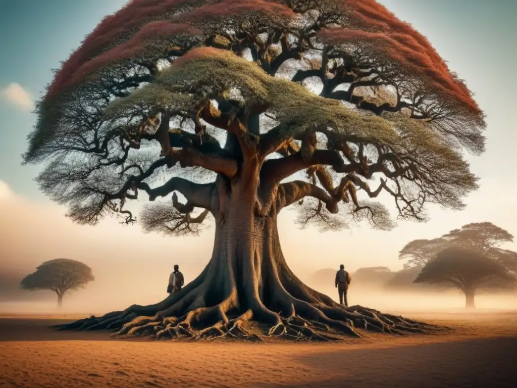 Una ilustración detallada de un árbol genealógico africano, con raíces profundas y ramas que se elevan hacia el cielo, colmado de fotografías antiguas