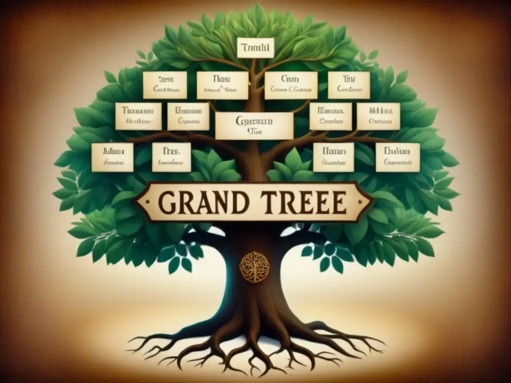 Una ilustración detallada de un árbol genealógico ancestral de la familia Etxegarai, exudando historia y tradición