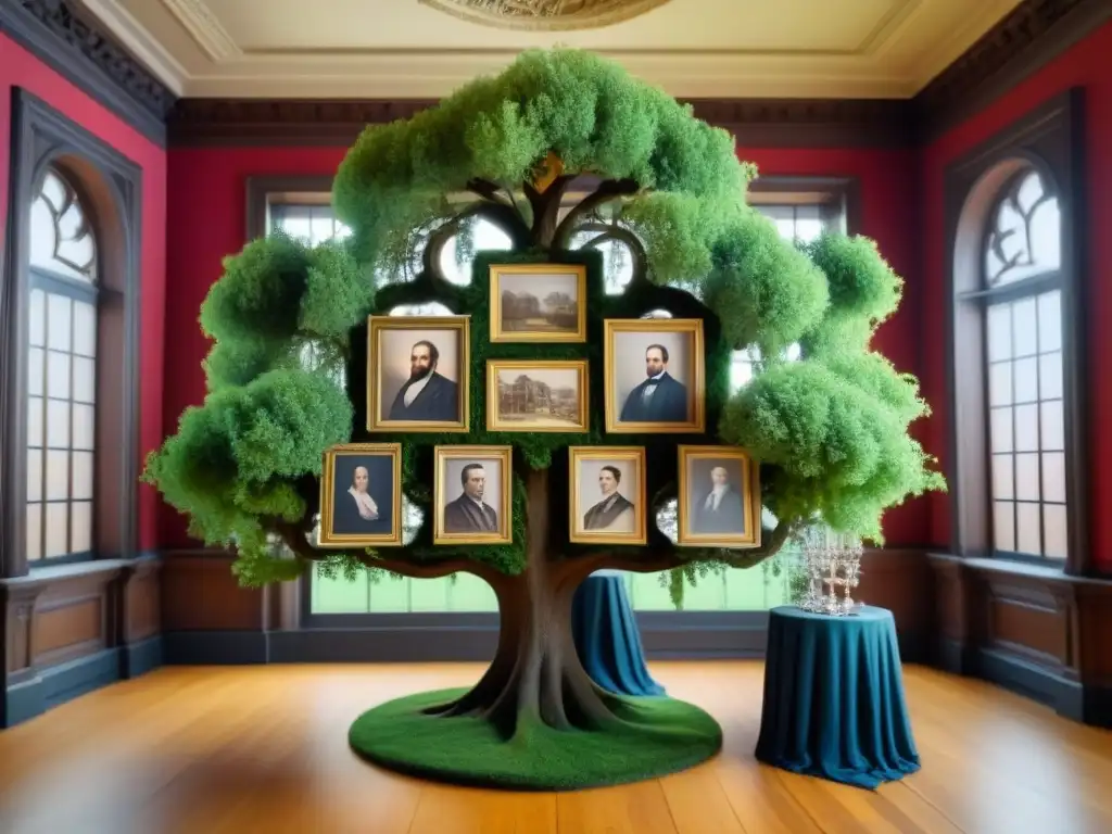 Una ilustración detallada de un árbol genealógico victoriano, con retratos de antepasados en marcos ornamentados, en una mansión con jardines exuberantes