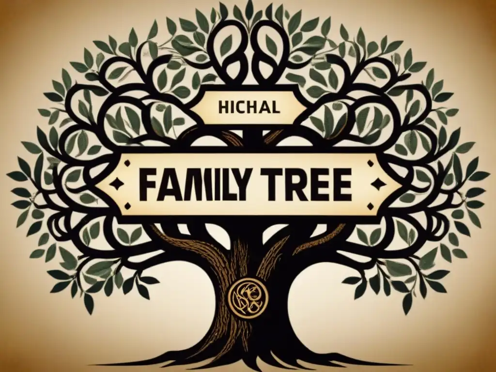 Una ilustración detallada de un árbol genealógico con talentos ancestrales, apellidos y habilidades especiales representadas en símbolos