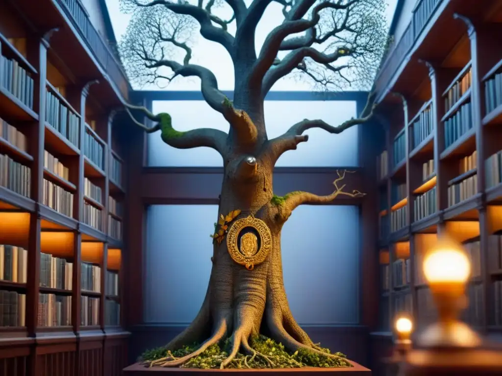 Una ilustración detallada de un árbol genealógico rodeado de apellidos y linajes en una biblioteca antigua