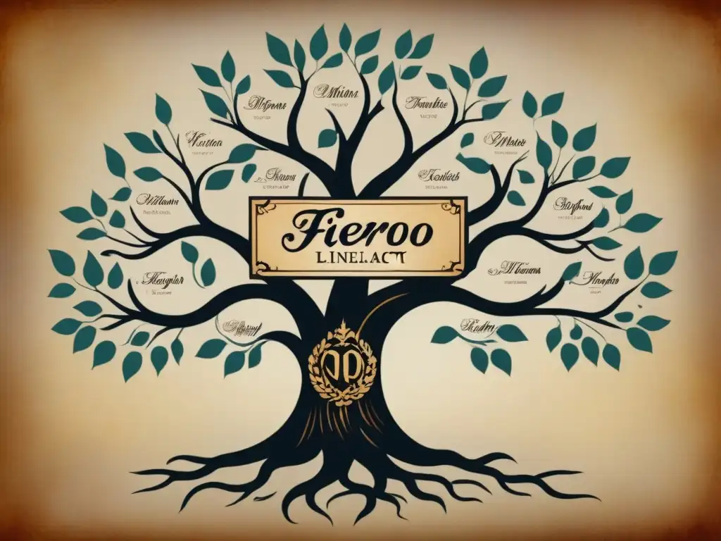 Una ilustración detallada del árbol genealógico de la familia Fierro, con ramas entrelazadas y elegante caligrafía en pergamino envejecido