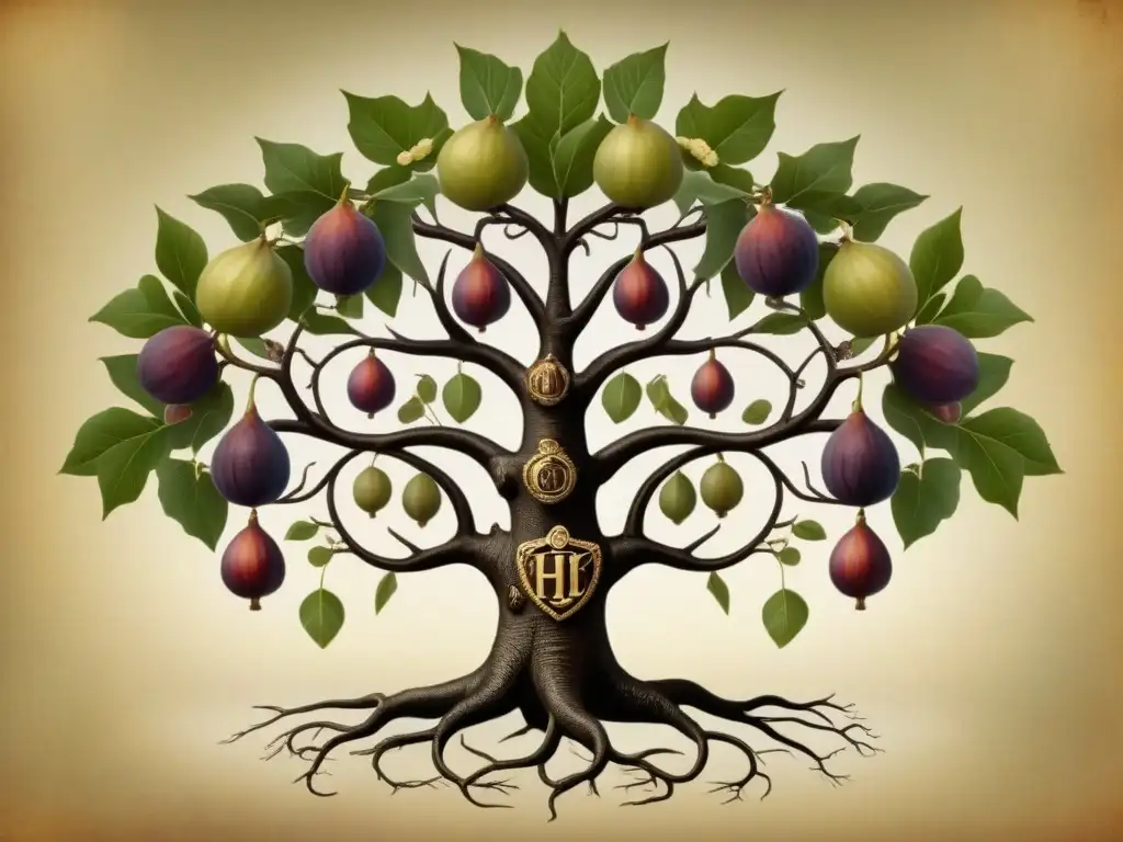 Una ilustración detallada de un árbol genealógico familiar, adornado con higos maduros, representando la próspera historia del apellido Higueras