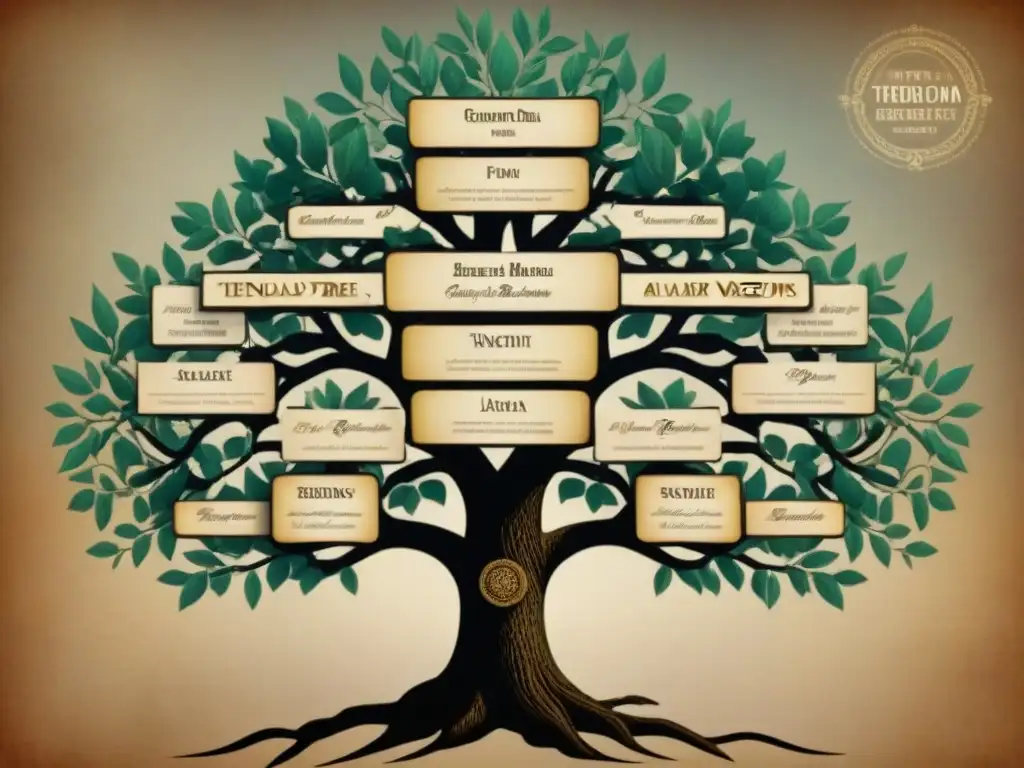 Una ilustración detallada del árbol genealógico de la familia Alvarado, mostrando su historia de linaje con elegancia y sofisticación