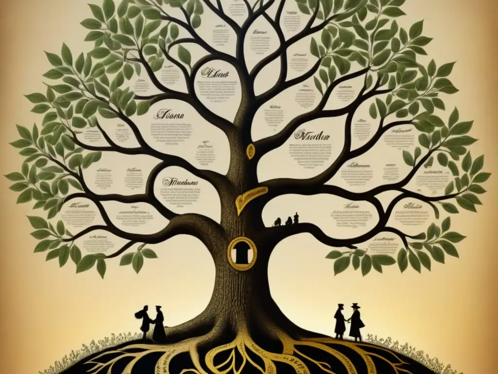 Una ilustración detallada de un árbol genealógico vintage de la familia Del Pino, con ramas intrincadas y hojas delicadas